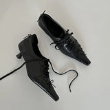 KYLETHOMASW  -  Retro Square Toe Lace Up Leather Pumps Spring Temperament Niche Women Mid Heel Shoes Versatile Soft Women Shoes Comfortable
