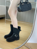 KYLETHOMASW  -  Black Ankle Boots For Woman Round Toe Chunky Heels Short Shoes Comforts Platforms Boots Belt Buckle Fall Shoes Botas De Mujer