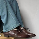 KYLETHOMASW  -  Women's Loafers Autumn Retro Pointed Toe Lace-Up Front Soft Sole Comfortable Block Heel Low Heel Small Leather Shoes