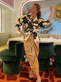 KYLETHOMASW  -  Elegant Flower Printed Women's Lace Up Shirt Chic Lapel V Neck Long Puff Sleeves Coat New Spring Lady Fashion Streetwear Shirts
