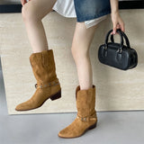 KYLETHOMASW  -  Retro Rivet Belt Buckle Ankle Boots Women Fashion Metal Chain Chunky Heel Designer Boots High Quality Faux Suede Mid Calf Boots