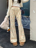 KYLETHOMASW  -  Puppy Print Casual Sweat Y2k Pants Female Autumn Winter Plus Fleece High Waisted Slim Rope Flared Straight Leg Pants