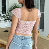 KYLETHOMASW  -  Women's Lace Crop Tops Fashion Cap Sleeve Sweetheart Neck Tie-up Front Slim Fit T-Shirts Summer Vintage Blouses