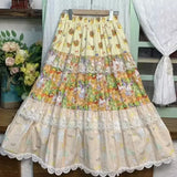 KYLETHOMASW  -  Cartoon Flower Print Y2K Skirts Women Summer Sweet Harajuku Thin Elastic Waist Casual Splice Lace Puff Midi Skirts 029B