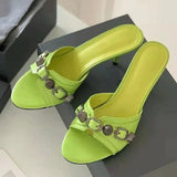 KYLETHOMASW  -  Summer Metal Buckle Strap Women's Sandals Round Toe Thin High Heels Breathable Female Pumps Peep Toe Slip-on Sexy Madam Slippers