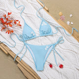 KYLETHOMASW  -  Women's Embroidered Bikini Set Solid Color Flower Design & Adjustable Ties Summer Halter Bandage Bathing Suit Two Piece New