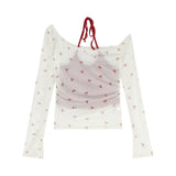 Kylethomasw Vintage Contrast Color Patchwork Casual Mesh Long-sleeved T-shirt Women Summer New Korean Bow Printed See-through Sexy Tops