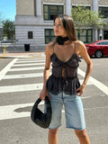 Kylethomasw  Women Fashion With Ruffled Front Tied Semi-sheer Tank Tops Sexy Backless Thin Straps Female Camis Mujer Sleeveless Tshirt Black