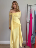 KYLETHOMASW  -  Yellow Crepe Evening Dress Off The Shoulder Mermaid Formal Occasion Pleat Prom Party Gowns Customized Female Robe 2025