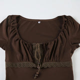 KYLETHOMASW  -  Drawstring square neck short sleeved T-shirt with women's lace patchwork design, high waist slim fit and slimming knit top