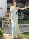 KYLETHOMASW  -  Elegant Satin Print Womans Dresses Summer New Fashion Strap Ruffles Chic A-Line Birthday Party Beach Holiday Vestidos Female