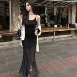 KYLETHOMASW  -  Summer New Fashion Patchwork Long Knitted Dresses Elegant Women's Spaghetti Strap Temperament Wrapped Hip Mermaid Vestidos K584