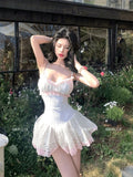 KYLETHOMASW  -  Seaside Vacation Style High Waist Slimming Suspender Dress Sweet Beautiful Woman Pure Lace Splicing Puffy Short Dresses