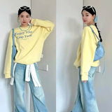 KYLETHOMASW  -  Women Yellow O Neck Long Sleeve Sweatshirt Loose Lazy Casual Classic Simple Top Vintage American Streetwear Harajuku Y2K Hoodie