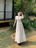 KYLETHOMASW  -  Summer French Style Dress for Women V Neck Short Sleeve Lace Trim Slim Fit Waist A Line Long Dress Elegant Flattering Design