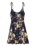 KYLETHOMASW  -  Summer French Vacation Flower Print Lace-up Slim Slash Neck Sleeveless Spaghetti Strap Dresses