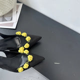 KYLETHOMASW  -  Pink High Heels Sexy Pointed Toe Slingback Shoes Summer Small Flower Low Heel Office Shoes Black Pumps White Talons Femme