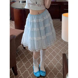 KYLETHOMASW  -  Lace Tiered Skirt Women Light Blue Sheer Chiffon Cake Dress Summer Boho Elegant Midi Skirt Beach Vacation Outfit Hot Sale