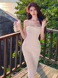 KYLETHOMASW  -  New Women Midi Dress Summer Spaghetti Strap Solid Pleated Sexy Bodycon Elegant Party Slim One Piece Clothes Vestidos