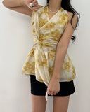 KYLETHOMASW  -  2025 Korean Floral Print Neck Hanging Chiffon Floral Shirt Women Summer New Retro Western-style Cross Tie Vest Top