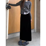 Kylethomasw Vintage Velvet Casual Black A-line Skirt Women 2025 Spring New High Waist Loose All Match Split Mid-length Skirt