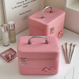 KYLETHOMASW  -  Pink Bow PU Leather Makeup Bag Alloy Handle Portable Skincare Product Storage Box Waterproof Large Capacity Handheld Makeup Case