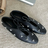 KYLETHOMASW  -  Spring Metal Rivet Decoration Shallow Mouth Ballet Flats 2025 High Quality Soft Bottom Lacing Flat Shoes Casual Comfy Shoes