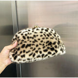 KYLETHOMASW  -  Winter Fluffy Faux Fur Leopard Print Clutch Purse Vintage Kiss‑lock Half‑moon Women Party Handbag Detachable Chain Shoulder Bag