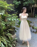 KYLETHOMASW  -  Women Vintage Sweet Mesh Patchwork Elegant Party Dresses Summer Solid Square Collar Short Sleeve Slim Fairy Midi Dress Vestidos