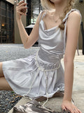 KYLETHOMASW  -  White Dress for Women Y2k Dangling Collar Summer Camisole Dress Women Silvery Kawaii Pleated A-line Mini Birthday Dress