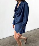 KYLETHOMASW  -  Office Siren Satin Dress for Women's Autumn Elegant Blue Swing Collar Long-sleeved Slim Fit Short Dress Female Clothes