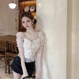 KYLETHOMASW  -  Puff Sleeve Blouses Polka Dot Spring Summer Sweet Korean Fashion Women Shirts Square Neck Retro Sexy Blusas Mujer