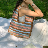 KYLETHOMASW  -  Retro Contrasting Striped Straw Woven Shoulder Bag Hand Crocheted Large Capacity Bag Casual Beach Vacation Hand-held Straw Bag