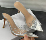 Kylethomasw Summer Sexy Transparent Rhinestone PVC Open Toe Fine High Heel Slippers Designer Luxury  Big Size 42 Party Prom Slide Sandalsta