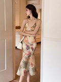 KYLETHOMASW  -  Fashion Summer Long Dresses For Women Elegant Retro Print Sexy Strap Backless Slim Midi Party Vacation Robe Mujer Vestido Street