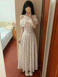 KYLETHOMASW  -  Japanese Kawaii Sweet Halter Neck Off Shoulder Floral Print Chiffon Lace Ruffle Bow Maxi Dress For Women Girls Daily Party Wear