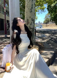 KYLETHOMASW  -  Casual White Solid Long Dresses Fairycore Slash Neck Inclined Shoulder Vestidos Summer Lace-up Ruched Trumpet Womens Dress