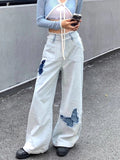 Kylethomasw Blue Jeans Plus Size Women Y2k Fashion Loose Butterfly Patchwork Causal High Waist Denim Pants Streetwear Retro Bottoms