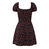 KYLETHOMASW  -  French Retro Black Print Bow Square Collar Short Elastic Puff Dress Women Zipper Back Slim Waist Slit Hem Mini Dresses Robe Blue