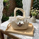 KYLETHOMASW  -  Sweet Cute Lolita Woven Handbag Women Lace Trim Embroidered Flower Exquisite Small Bag Ladies  Elegant Casual Style Gentle Purse