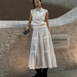 KYLTHOMASW  -  Korean Retro Lace Splicing Loose Mid-length Skirt Women 2024 Spring New High Waist Hollow Solid Color Casual A-line Skirt