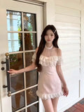 KYLETHOMASW  -  Woman Dress Sweet Halter Off Shoulder Slim Sexy Elegant Bow Lace Patchwork Princess Party Mini Dresses Party Ladies