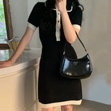 KYLETHOMASW  -  Turn Down Collar Knitted Dress Women Short Sleeve Mini Dress High Waist Dresses Korean Elegant Office Lady Bodycon Vestidos N324