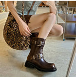 KYLETHOMASW  -  Autumn Winter Metal Belt Buckle Women Motorcycle Boots Fashion Rivet Patent Leather Platform Wedge High heels Chunky Boots Shoes