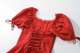 KYLETHOMASW  -  Women Lace Spliced Party Mini Vintage Dresses Puff Sleeve V Neck Low Waist A-line Summer Dress Lace Up Birthday Robe