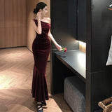 KYLETHOMASW  -   Mermaid Evening Dresses Women Sexy Off Shoulder Sleeveless Velvet Autumn Winter Elegant Cocktail Wedding Party Banquet