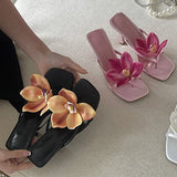KYLETHOMASW  -  New Fashion Flower Women Thin Heels Pumps Slides Shoes Female Flip flops Square Toe Ladies Heeled Sandals Shoes Big Size 43