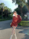 Kylethomasw Vintage Floral Print Sexy Mini Dress Patchwork Transparent Mesh Sheath Strapless Dress Red Party Club Birthday Dress New