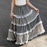 KYLETHOMASW  -  French Lace Patchwork Plaid Lace Women's A-line Cake Long Skirt Casual Fashion Comfortable Style Summer New