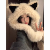 KYLETHOMASW  -  Sweet Hot Girl Thick Fox Ear Hat Women's Autumn and Winter Cut Furry Scarf Bomber Hats Fashion Female Trendy Accessories